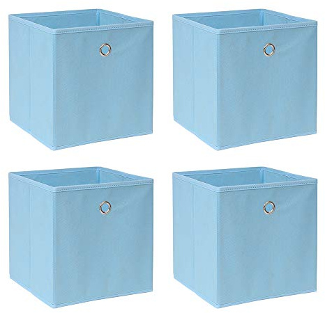 BOJU Pack of 4 Folding Unit Storage Organizer Cubes Box Blue Canvas Fabric for Shelves Drawers Wardrobe Collapsible Basket Bin for Kids Room Toy Nursery Clothes Closet Collection