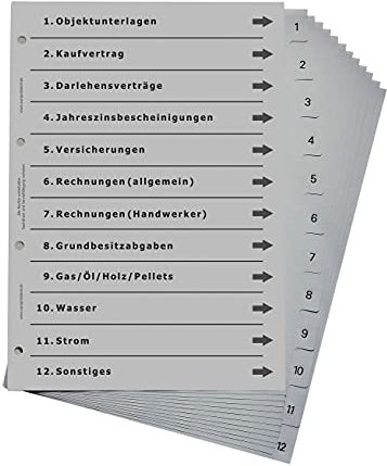 Ordnerregister für Haus und Eigenheim, durchdachtes Register für DIN A4 Ordner, Hausordner, Immobilienordner für Eigentümer, Bauherren und Eigennutzer, lichtgrau