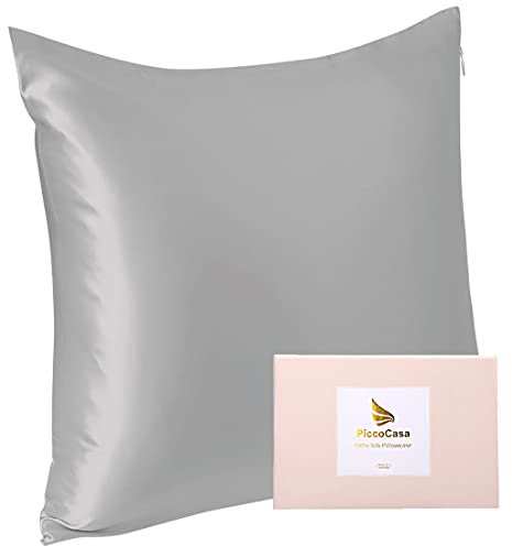 PiccoCasa Seide Kissenbezug 40x40 Seidenkissenbezug aus 100% Seide 22 Momme kopfkissenbezug Haare und Hautpflege mit Reißverschluss & Geschenkbox Grau 40x40cm