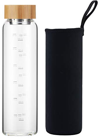 sunkey Botella de agua de vidrio de 32 onzas de boca ancha con tapa de bambú, botella de agua motivacional con marcador de tiempo, reutilizable, segura para bebidas frías y calientes, sin BPA (negro)