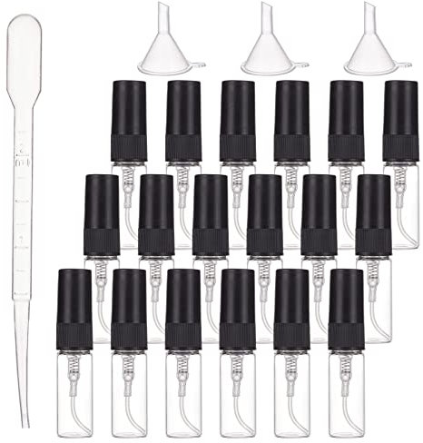 BENECREAT 40PCS 3ml Mini Fine Mist Glass Spray Bottle Clear Glass Travel Empty Atomiser Black with 2PCS Funnel and 4PCS 2ml Pipettes for Perfume, Cosmetic