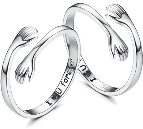 KALVICA 2 Pcs 925 Sterling Silber Umarmung Ringe Damen Herren Offener Verstellbarer mit I U Forever Schriftzug Umarmungsring Geschenk für Schwester Paar Freundschaftsgeschenk