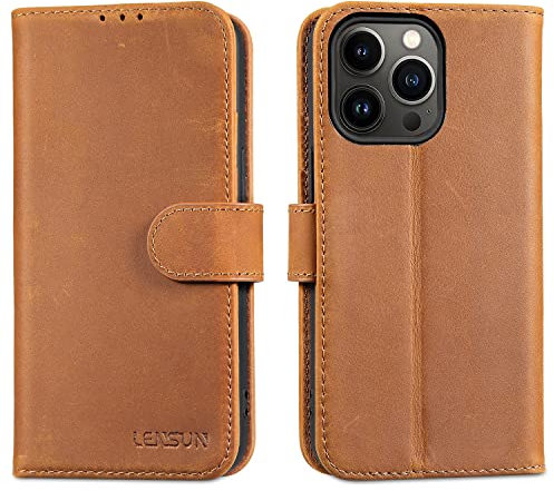 Lensun Cover per iPhone 13 Pro, Custodia in Vera Pelle [RFID Blocking] Libro con Portafoglio Chiusura Magnetico Flip Custodie Cuoio per Telefono iPhone 13 Pro - Marrone Retrò