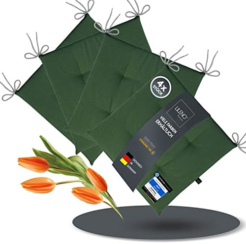 LILENO HOME 4er Set Stuhlkissen Dunkelgrün (40x40x4,5 cm) - Sitzkissen für Gartenstuhl, Küche oder Esszimmerstuhl - UV-beständige Indoor u. Outdoor Stuhlauflage als Stuhl Kissen (Laura FUM)