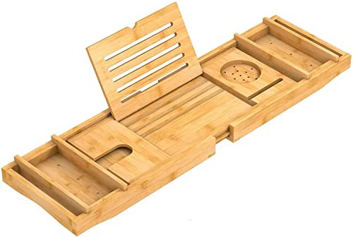 Aggloz | Bath Caddy with Leg | Extendable Bath Tray for Bathtub | Wine Glass, Book, iPad & Phone holders | Adjustable Bath Table Shelf over Tub with Bathroom Accessories | Spa Experience | Natural