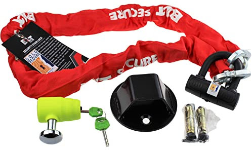 Sold Secure Gold Motorcycle Security Chain Lock with Mammoth MDX-12 Disc Lock 16mm Plus Rock Solid Atom Black Anti-Theft Ground Anchor for Motorbike Scooter (1.8M)