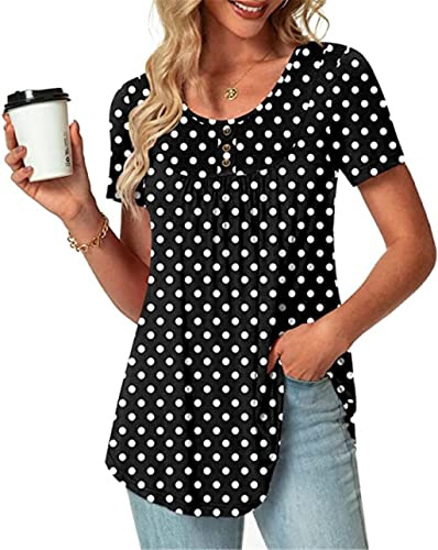 Top à pois pour femme - Grande taille - Bouton - Col en V - Plissé - Décontracté - Manches courtes - Tunique ample - Noir - Gris - Orange - Rose - Blanc - S M L XL XXL 3XL 4XL 5XL