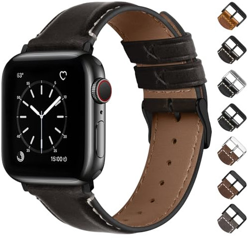 Fullmosa Correa Apple Watch 40mm 41mm 38mm de Cuero Vintage Para Hombres Y Mujeres,Pulsera de Piel Real de Grano Superior para iWatch serie 9/8/7/6/5/4/3/2/1/SE/SE2, Café Oscuro + Hebilla Negra