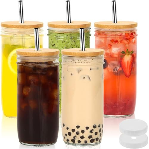PiurUf Tasses À Thé À Bulles en Verre De 24 Oz Mason Jar avec Couvercle en Bambou Et Paille en Acier Inoxydable Gobelet De Voyage Réutilisable pour Bouteille De Boba pour Thé Smoothie Jus,8pcs