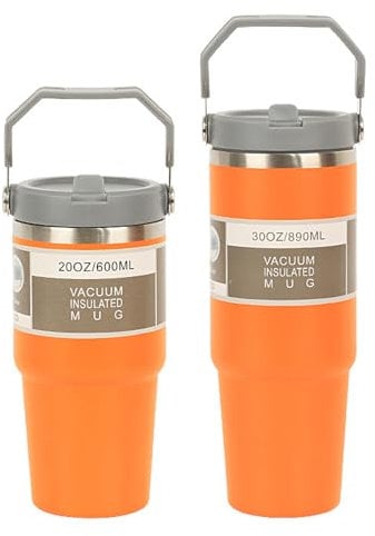 Stainless Steel Tumbler with Straw, 20oz/30oz Cup Travel Mug Water Bottle for Hot and Cold Coffee Vacuum Insulated Water Bottle for Home, Office or Car (Orange, 20oz)