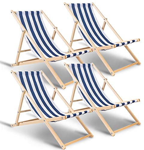 Ikodm 4er Set Liegestuhl klappbar Holz,120kg max Gartenliege Klappbar Verstellbar Liegestuhl Garten wetterfest Sonnenliege Holz Relaxliege Garten für Camping Balkon Pool,Blaue und weiße