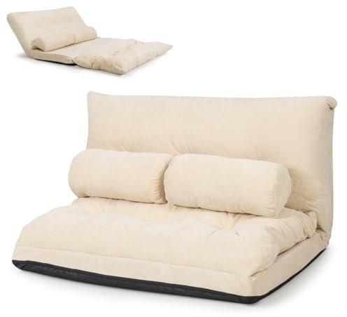 COSTWAY Double Folding Sofa Bed, 6-Position Adjustable Lounger Sleeper Seat Chair with 2 Pillows, Home Office Convertible Floor Lazy Sofa Bed for Living Room Bedroom (Beige)