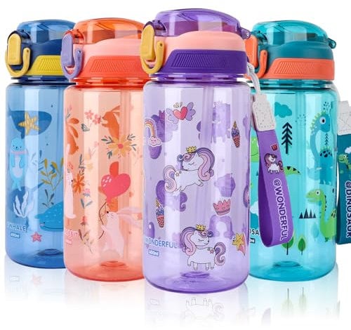 SENBSLAN Kids Water Bottle With Straw, 600ml Toddler Drinks for School, Leakproof Children's BPA-Free Tritan Sport Bottle for Girls Boys (Purple-Unicorn)