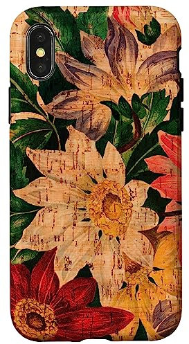 Hülle für iPhone X/XS Vintage Blumen Floral Case Kork Holzmaserung Holz Druck Design