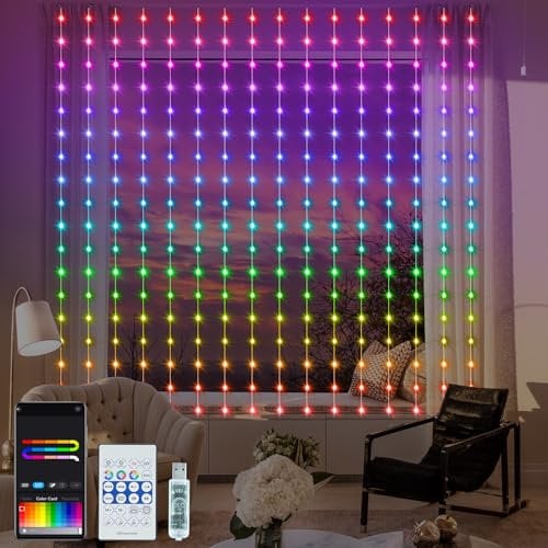 ZAIYW 144 LED Intelligenter Lichtervorhang RGB 5050 mit integriertem Chip, 2.4M x 1.8M Vorhang Lichterkette Fernbedienung und APP-Steuerung, Lichterkettenvorhang Innen für Hintergrund Terrasse