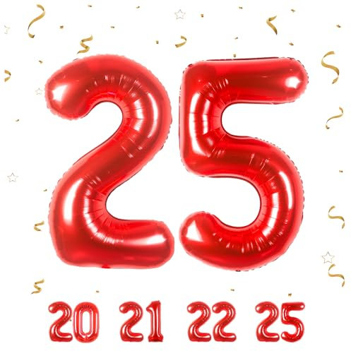 25 Geburtstag Deko zahlen luftballon 25 jahre | Folienballon Rot - für 25. Geburtstagsdeko Männer Frauen Ballon Zahl Deko zum Geburtstag fliegt mit Helium 25.Geburtstagsparty 40-101cm