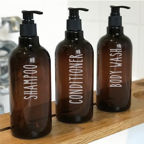 Waterproof Bathroom Bottle Decals Stickers Labels | Set of 3 | SHAMPOO, CONDITIONER and BODYWASH | Type 5