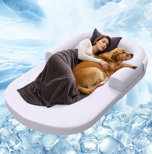 Rucener Kühlendes Hundebett für Menschen und Grosse Hunde, 180 x 110cm XXL Kühlmatte Hund, 2-in-1 Orthopädisches Faltbares Bodenbett Hundebett Sommer, Bodensofa-Couch für Menschen und Hunde, Waschbar
