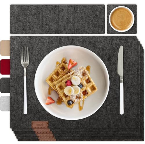 smøla 12-teiliges Premium Filz Tischset inkl. Untersetzer I Platzset Abwaschbar Dunkel-Grau I Platzset Abwischbar Platzdeckchen Set mit Filzuntersetzer für Teller Gläser I Tischdeko Sommer, Anthrazit