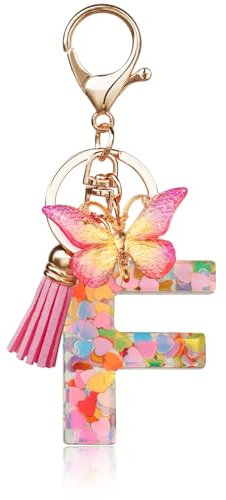 OSDUE Schlüsselanhänger für Damen, Alphabet Schlüsselanhänger, Mädchen Schlüsselanhänger, Rosa Schlüsselanhänger, Schmetterling Schlüsselanhänger Buchstabe für Frauen Mädchen Geburtstag Geschenke, F