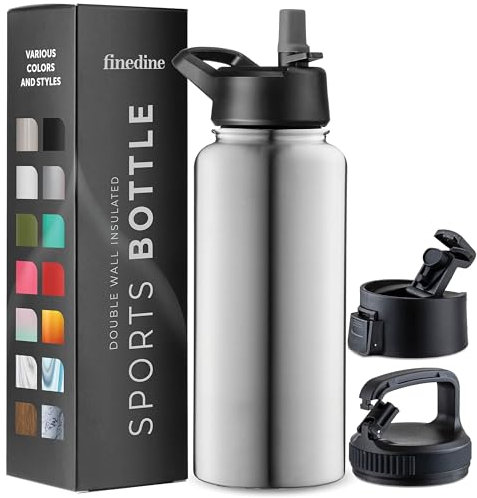 950 ML Triple Walled, Insulated Water Bottles with Straw - Stainless Steel Metal Bottle W/ 3 Leak Proof Lids - For Travel, School, Sports, Gym/Men, Women & Kids (Brushed Stainless Steel)