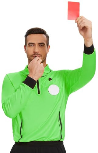 Soccer Referee Shirt Jersey kit Long Sleeve Pro Ref Costume Umpire Uniform with 3 Pcs Replace 3 Round Adhesive Hook & Loop Badge Holder, Referee Wallet with Red Card and Yellow Card, Green, S
