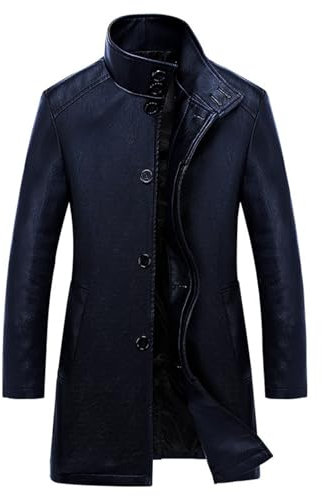 MEIbax Trench-Coat en Cuir Hommes Automne et Hiver Mi-Longue Coupe-Vent Chaud Slim Pardessus Parka Simple Boutonnage Manteau Décontractée Classique Vestes en Cuir Vintage Moto Outerwear (Blue, XXXL)
