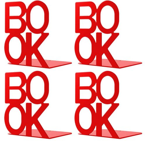 Lot de 2 paires de serre-livres décoratifs en métal très résistants pour bibliothèque, bureau, livres, aspect unique, rouge