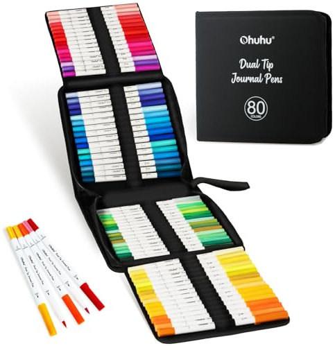 Ohuhu 80 Farben Dual Tip Brush & Fineliner Marker – wasserbasierte Stifte für Journaling, Kalligraphie & Lettering – Ideal für Bullet Journals, Ausmalbücher & Kunstprojekte