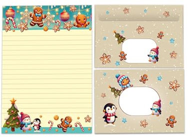 Weihnachtsbriefpapier A5 – Bunter Schreibblock mit Linien & Umschlägen – Winter Weihnachten Christmas Silvester – Geschenk für Kinder (1 Block A5 mit 25 Blättern + 15 bunt bedruckte Kuverts)