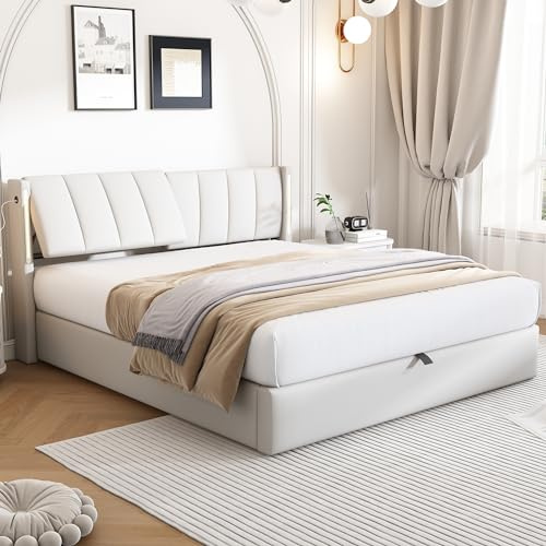Merax King Size Bed Frame, 5ft Ottoman Bed Frame, Upholstered Bed with Adjustable Backrest, Headboard LED Lighting, White/PU / 150 x 200 cm (No Mattress)