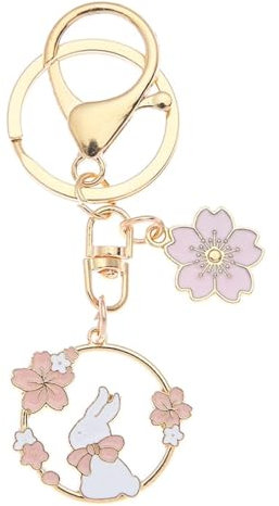 BIRLOZA Porte-Cles Lapin Kawaii avec Fleur de Cerisier - Metal Rose - Cadeau pour Enfants et Femmes - Accessoire de Mode pour Sac ou Portefeuille - Porte-Cles Tendance