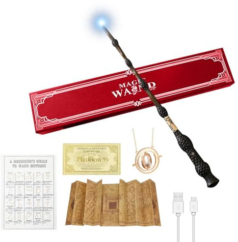 EBKCQ Baguette magique Dumbledore avec lumière, rechargeable, Magique Wizarding World, coffret cadeau avec carte de sort, carte, collier, ticket de station