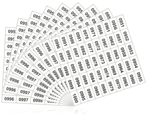 20 Stück Selbstklebende Nummernaufkleber 1-1000 Fortlaufend, Wasserdichte Etiketten zum Beschriften für Tombola, Lose, Büro, Schließfächer und Haushalt, 40x20 mm