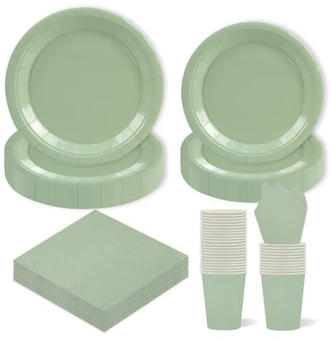 96 Stück Salbei Grün Partygeschirr,Salbei Grün Geburtstag Party Pappteller Becher Servietten Partyteller Set,für Geburtstag Kinder Party Dekoration Papier Geschirr Set
