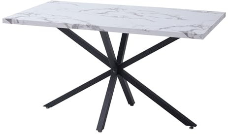 GrandCA HOME Mesa de Comedor de 140 cm con Superficie Moderna con Efecto Mármol,Mesa de Comedor de Cocina con Cuatro Patas de Metal, para Comedor en Sala de Estar, WH+BK