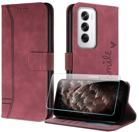 JayModCase Mobile Phone Case Compatible with Oppo Reno 12 5G, Flip PU Wallet Protective Case with [1 Piece Protective Film] Card Slot Magnetic Closure Stand Case for Oppo Reno 12 5G (Red)