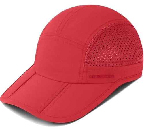 GADIEMKENSD Folding Running Men Hat Long Brim Golf Hats Quick Dry Baseball Caps Unstructured Breathable Light Cooling Cap Adjustable Trucker Hat for Outdoor Sport Hiking Workout Gym Travel Red