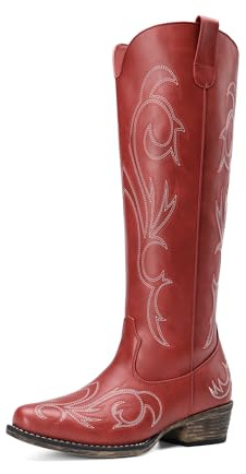 DREAM PAIRS Stivali da Cowboy da Donna Comodi Stivali Alti Fino al Ginocchio da Cowgirl con Cerniera Laterale Tacco Grosso Stivali Western Ricamati,Size 38,Rosso,DWUMKB2502