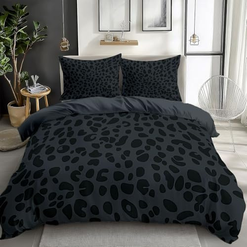 Generisch Dunkelgrau Bettwäsche-Sets 200x200 cm Leopardenmuster in Schwarz Polyester Baumwolle Bettbezug Set mit 2 Kissenbezug, 3-Teilig Bettwäsche für Schlafzimmer Dekorieren, Weich Bügelfrei