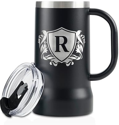 Onebttl Personalised Beer Stein – Custom Monogram Beer Mug with Handle, 24oz Double-Walled Stainless Steel – Gift for Beer Lovers, Dad, Him – Birthday, Holiday - Letter R