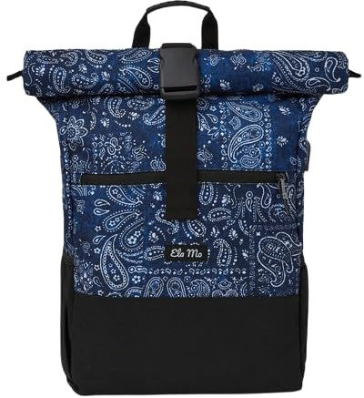 Ela Mo® Rolltop Rucksack Damen - Rollrucksack Anti Diebstahl für Sport & Reisen - Laptoprucksack für Schule, Uni, Business - Mit USB Anschluss & kompaktem Flaschenhalter - Denim Paisley