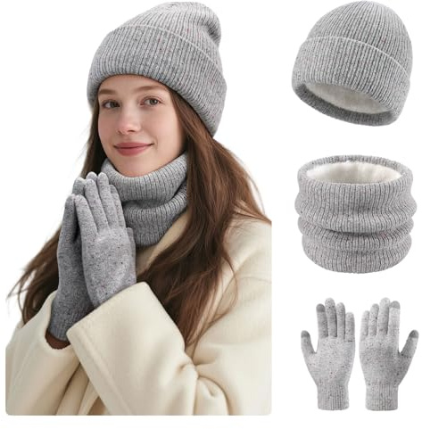 Damen Winter Set - Beanie Mütze, Loop Schal & Touchscreen Handschuhe - Fleece gefütterte 3er Set für extreme Wärme - Weiches Winteraccessoires Geschenk