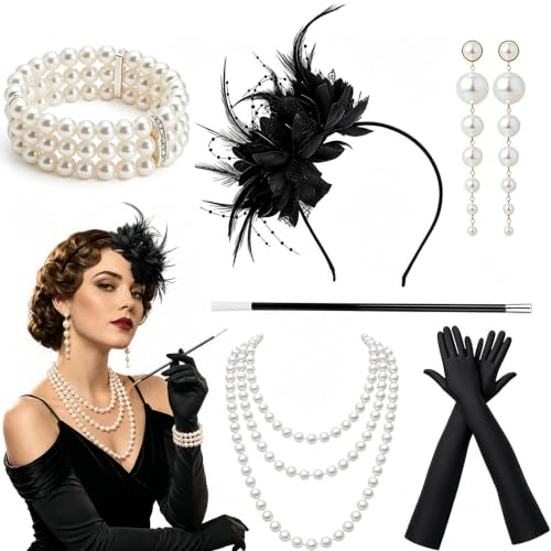 6 Stück 20er jahre accessoires, 20er jahres, 1920 accessoir damen, gatsby accessoires damen, 20 Jahre Damen Accessoires Mit Haarbänder Handschuhe Ohrringe Halsketten Elegant Party Abschlussball