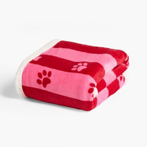 OHS Dog Blanket Washable Candy Stripe Paw Print, Sherpa Fleece Blanket for Large Dogs Cat Super Soft Plush Dog Mat Fluffy Reverse Throw for Bed Sofa Protection, Pink - 100 x 120cm
