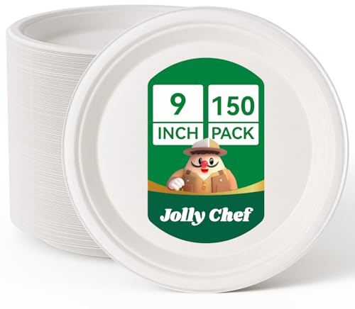 JOLLY CHEF 150 Pack 9 Inch Strong Disposable Bagasse Plates White | Compostable Biodegradable Bagasse Plates, Heavy-Duty Sugarcane Plates for Party & Dinner