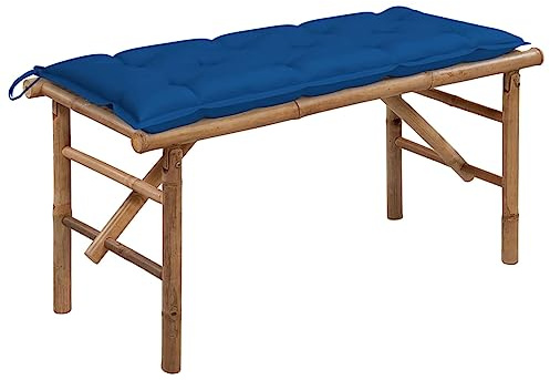 Bucmath Klappbare Gartenbank mit Auflage, 118 cm Bambus Sitzbank, wetterfest, für Garten Terrasse Veranda, Blaues Kissen