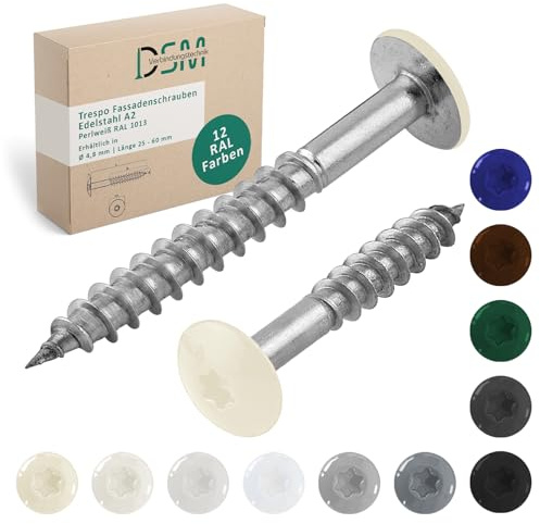 DSM – Trespo Fassadenschrauben 4,8 x 32 mm – 50 Stück Perlweiß | RAL 1013 – Edelstahl A2 Flachrundkopf mit Torx TX20 – selbstschneidend [TrueSpec Präzision] Holzbauschrauben für HPL Platten