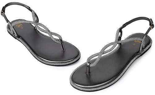 festooning Womens Flat Sandals Summer T-Strap Thong Casual Comfortable Dress Sandals for Women Silvery Size 5