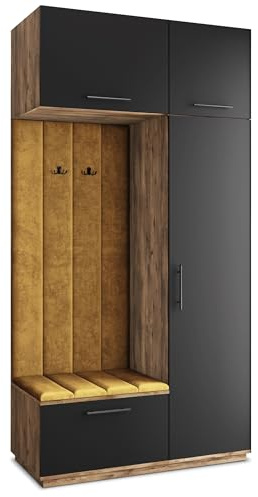 Masseno Flugarderoben Set Rema, Kleiderschrank-Set mit Sitzbank, Garderobenschrank Flur mit 5 Regalböden, Eiche Lefkas/Schwarz